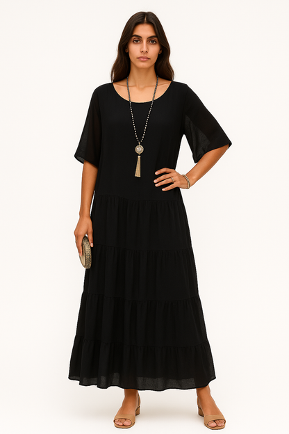 Iride - Abito Maxi Ampio con Scollo Rotondo per Donna Nero