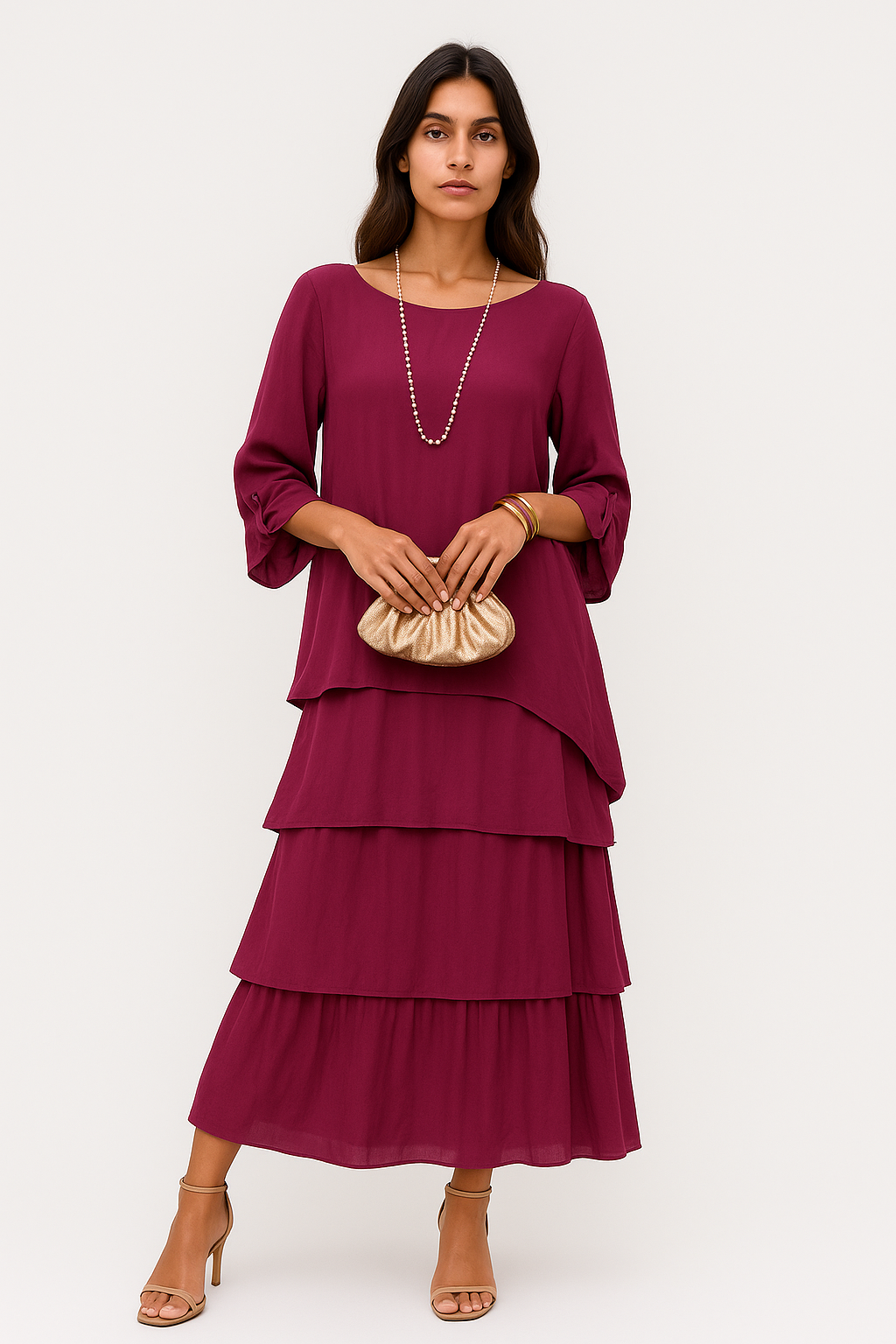 Iride - Abito Maxi Ampio con Scollo Rotondo per Donna Rosa-viola