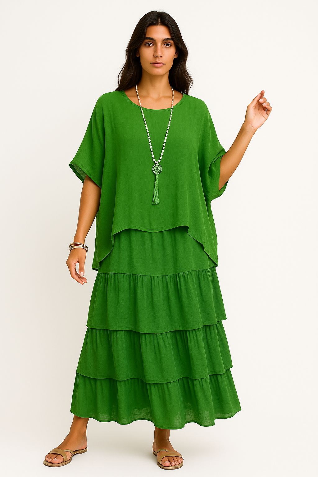Iride - Abito Maxi Ampio con Scollo Rotondo per Donna Verde scuro