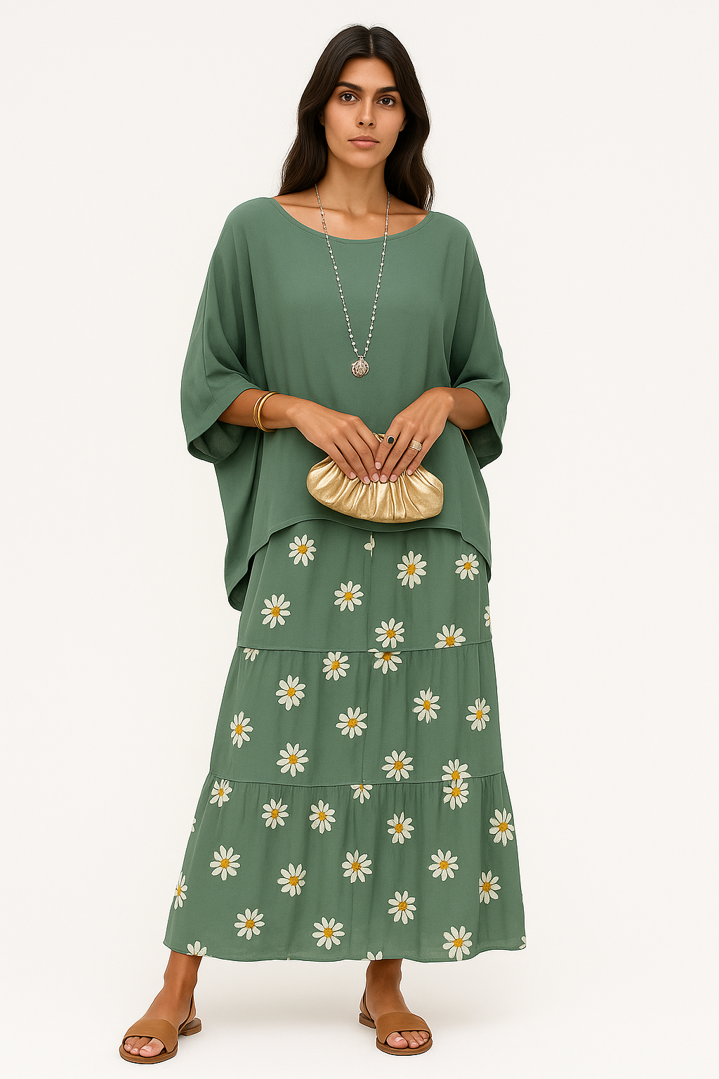 Iride - Abito Maxi Ampio con Scollo Rotondo per Donna Verde slavato