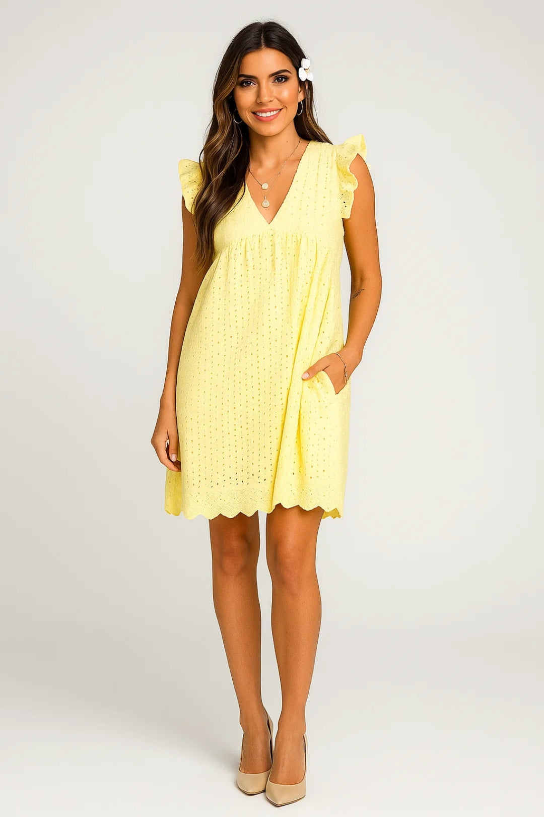 Irina - Abito Corto Estivo in Cotone Sangallo Giallo