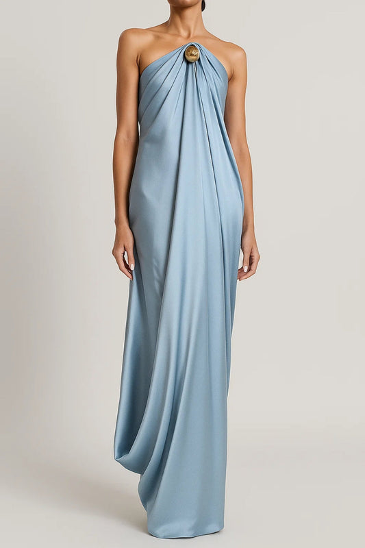 Irminia - Abito Lungo Donna in Raso Azzurro Senza Spalline Azzurro