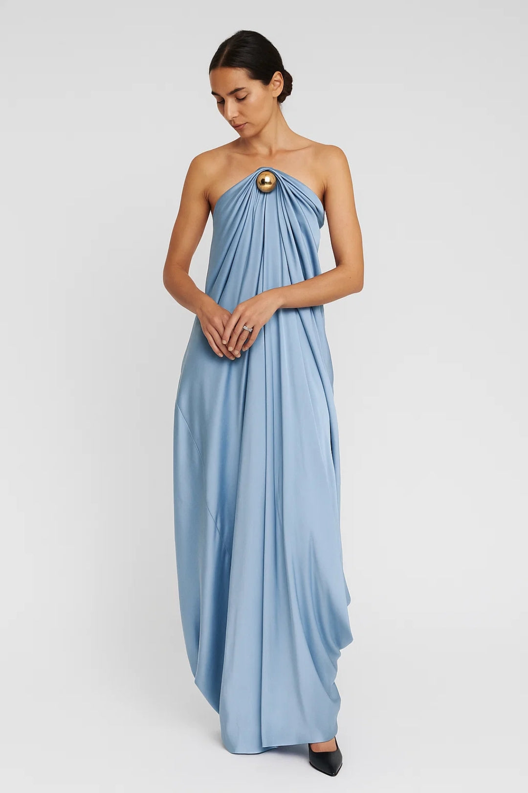 Irminia - Abito Lungo Donna in Raso Azzurro Senza Spalline Azzurro