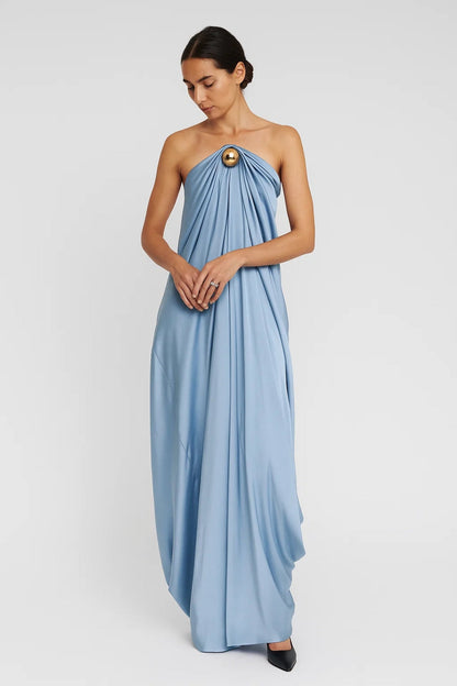 Irminia - Abito Lungo Donna in Raso Azzurro Senza Spalline Azzurro
