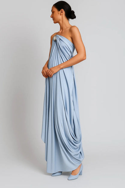 Irminia - Abito Lungo Donna in Raso Azzurro Senza Spalline Azzurro