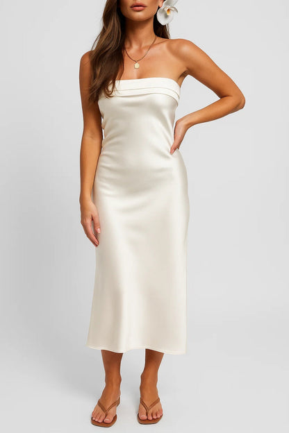 Irni - Abito Lungo Donna in Raso Senza Spalline Bianco