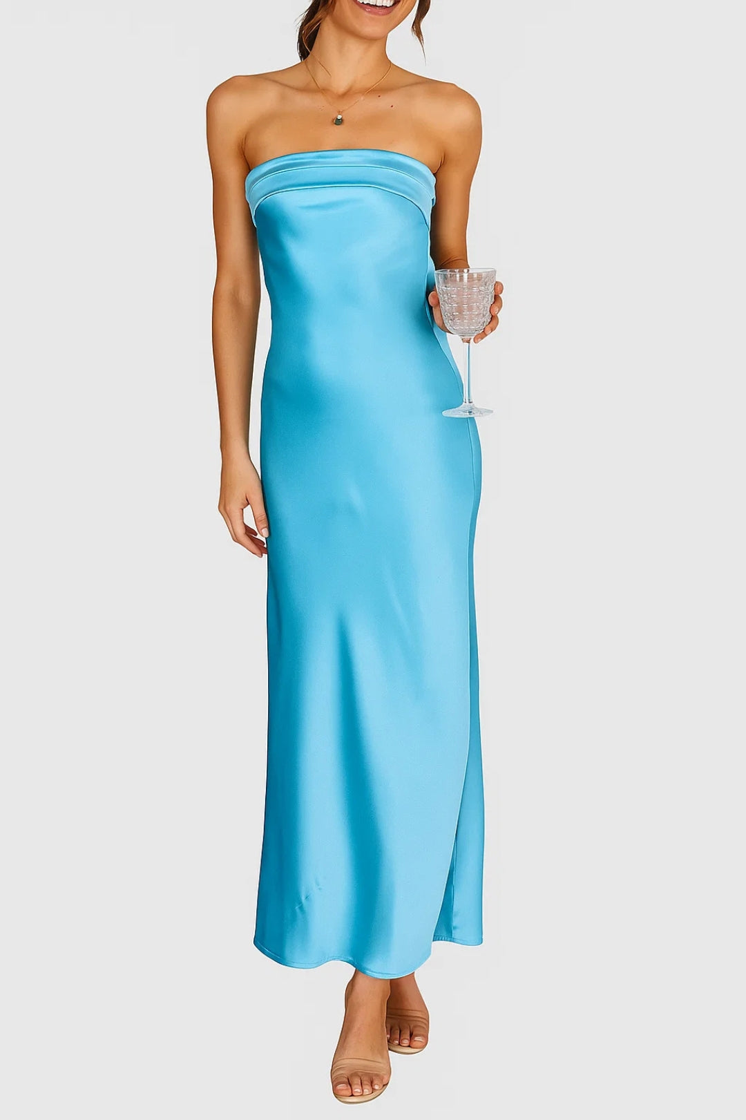 Irni - Abito Lungo Donna in Raso Senza Spalline Blu