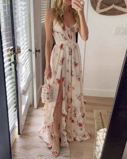 Isa - Abito Maxi Elegante con Stampa Floreale Bianco