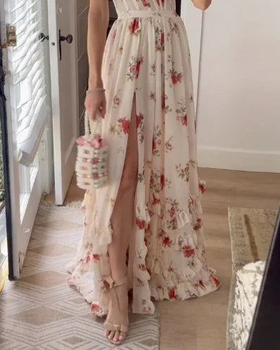 Isa - Abito Maxi Elegante con Stampa Floreale Bianco
