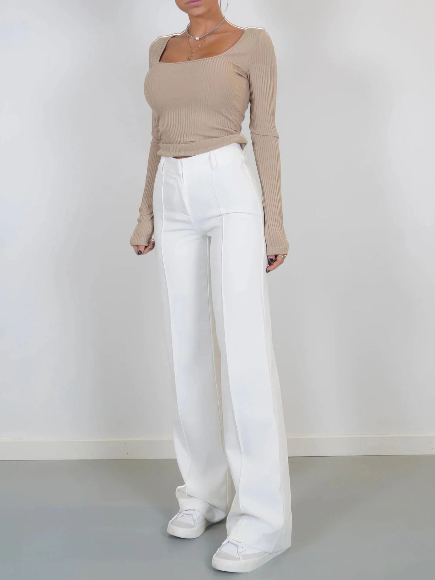Isabella - Pantaloni Donna a Zampa a Vita Alta Bianco