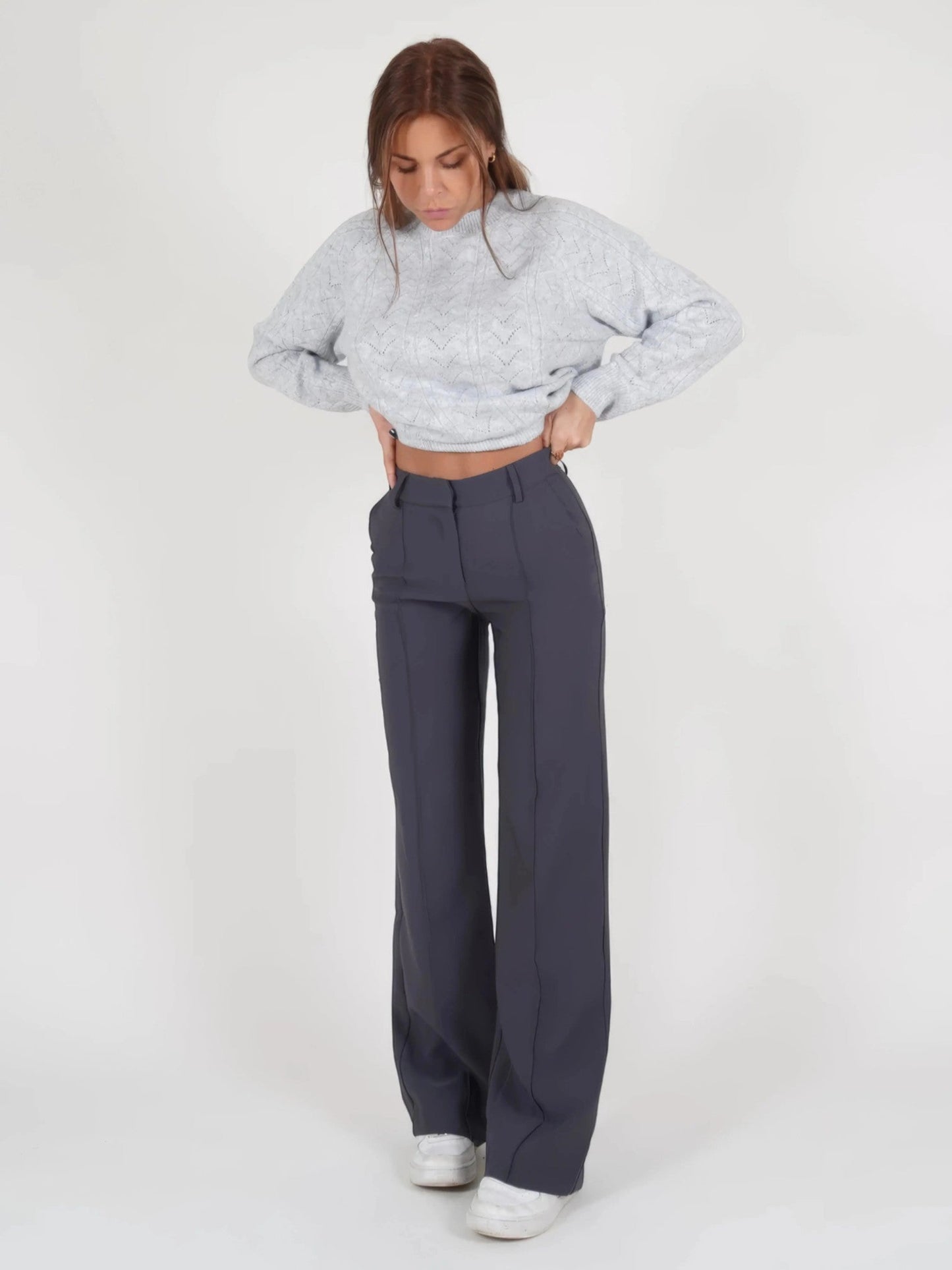 Isabella - Pantaloni Donna a Zampa a Vita Alta Grigio