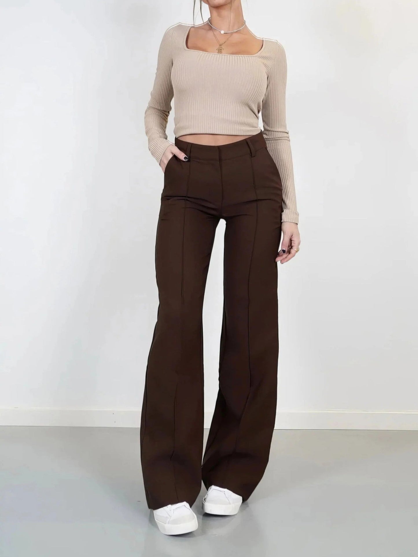 Isabella - Pantaloni Donna a Zampa a Vita Alta Marrone