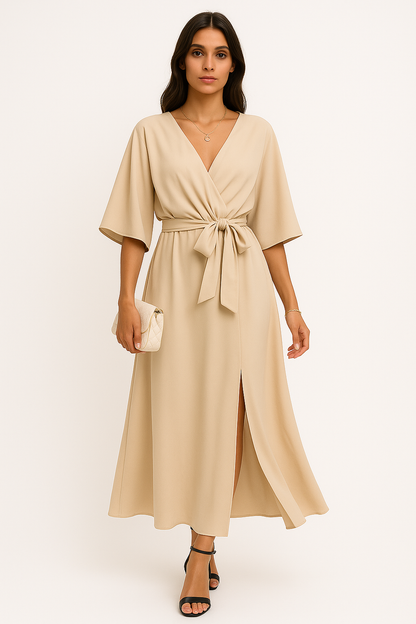 Isaura - Vestito Donna con Scollo a V e Spacco Beige