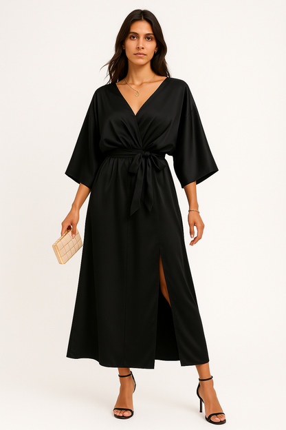 Isaura - Vestito Donna con Scollo a V e Spacco Nero