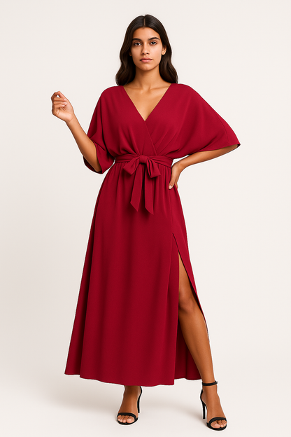 Isaura - Vestito Donna con Scollo a V e Spacco Rosso