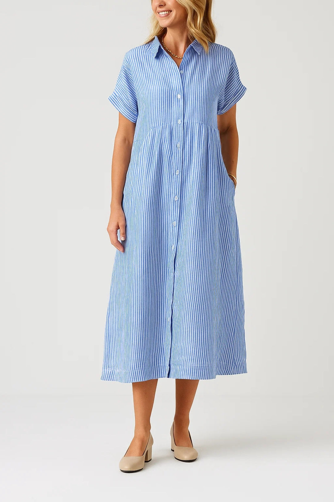 Isidora - Abito Chemisier Donna a Righe in Lino Misto Blu