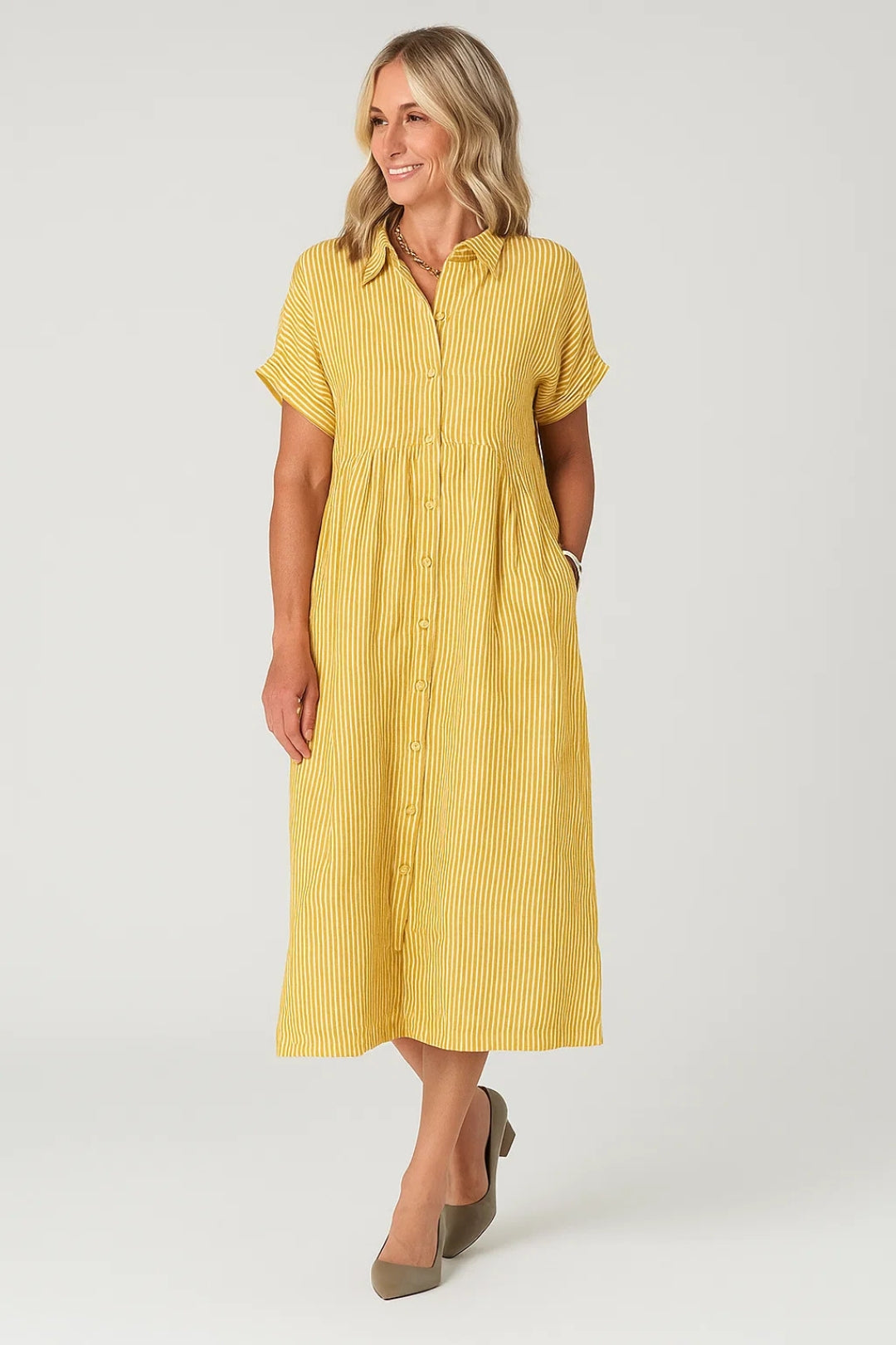 Isidora - Abito Chemisier Donna a Righe in Lino Misto Giallo