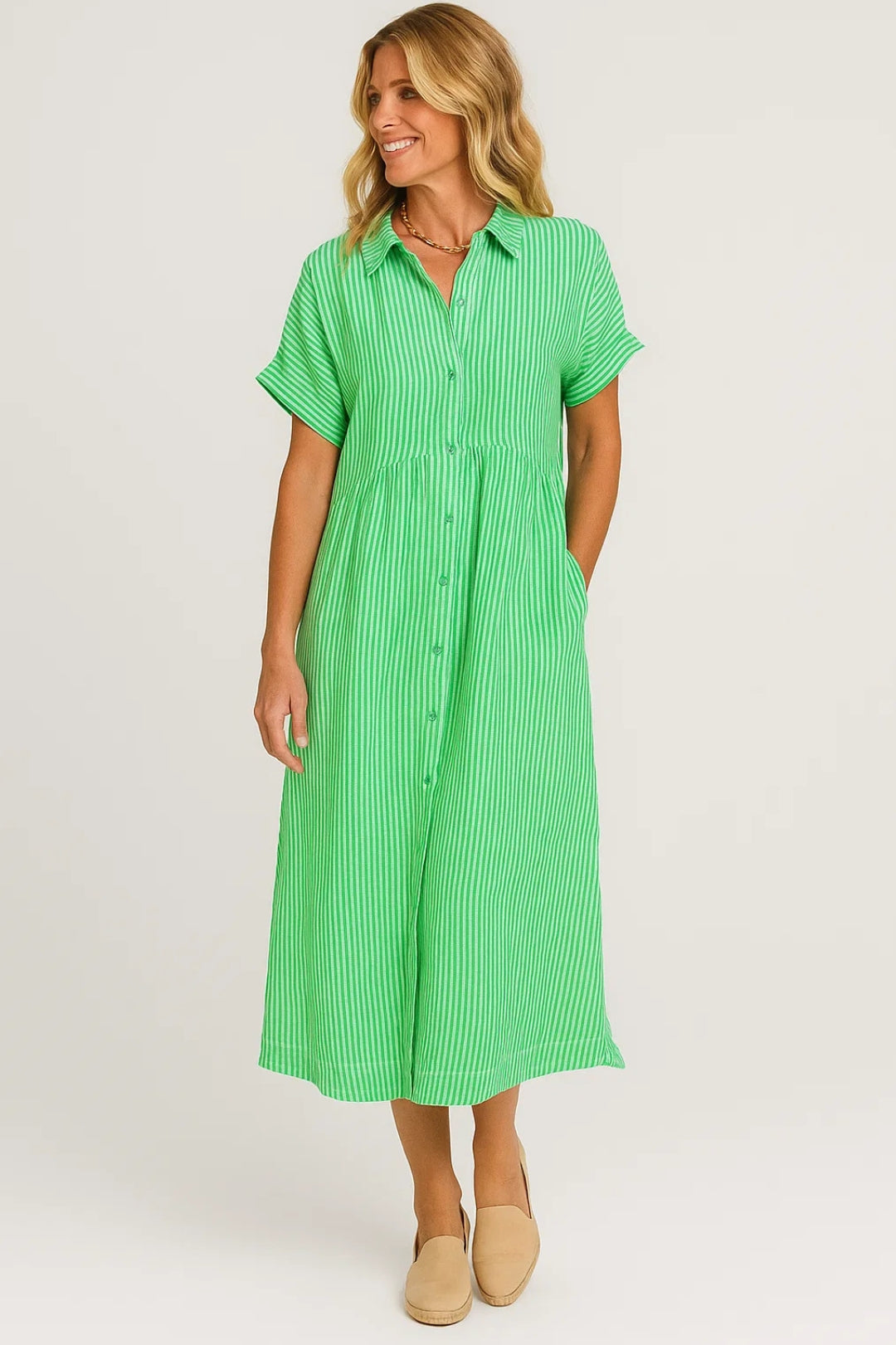 Isidora - Abito Chemisier Donna a Righe in Lino Misto Verde