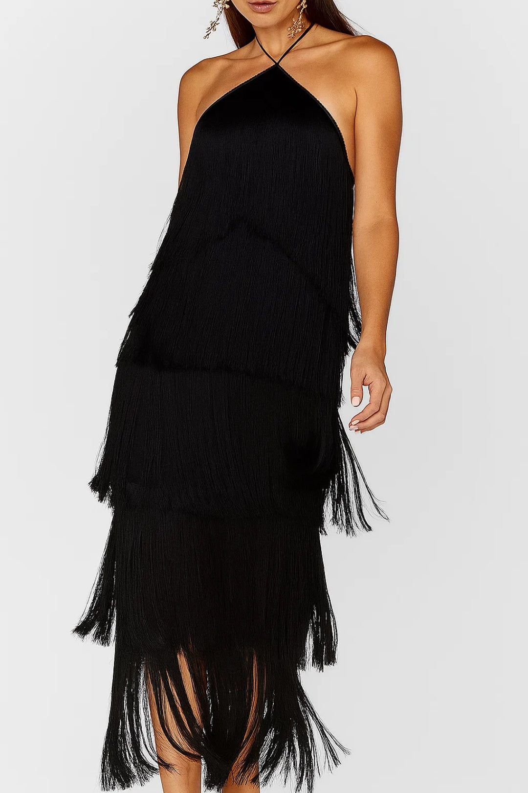 Isolina - Abito Midi Donna con Frange e Scollo All’Americana Nero