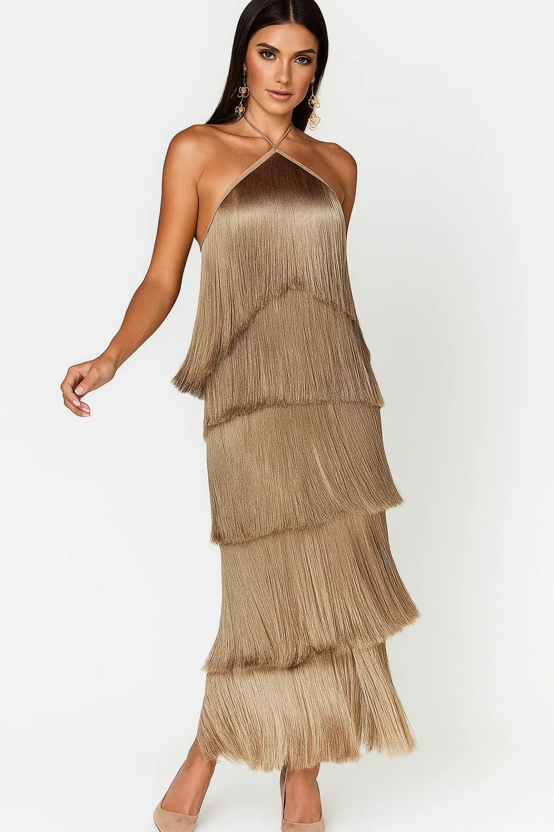 Isolina - Abito Midi Donna con Frange e Scollo All’Americana Oro