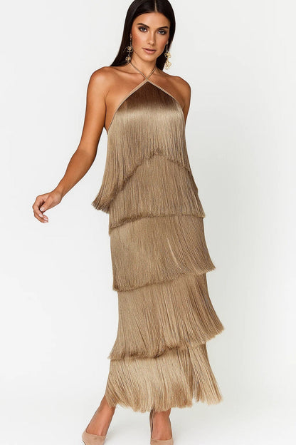 Isolina - Abito Midi Donna con Frange e Scollo All’Americana Oro