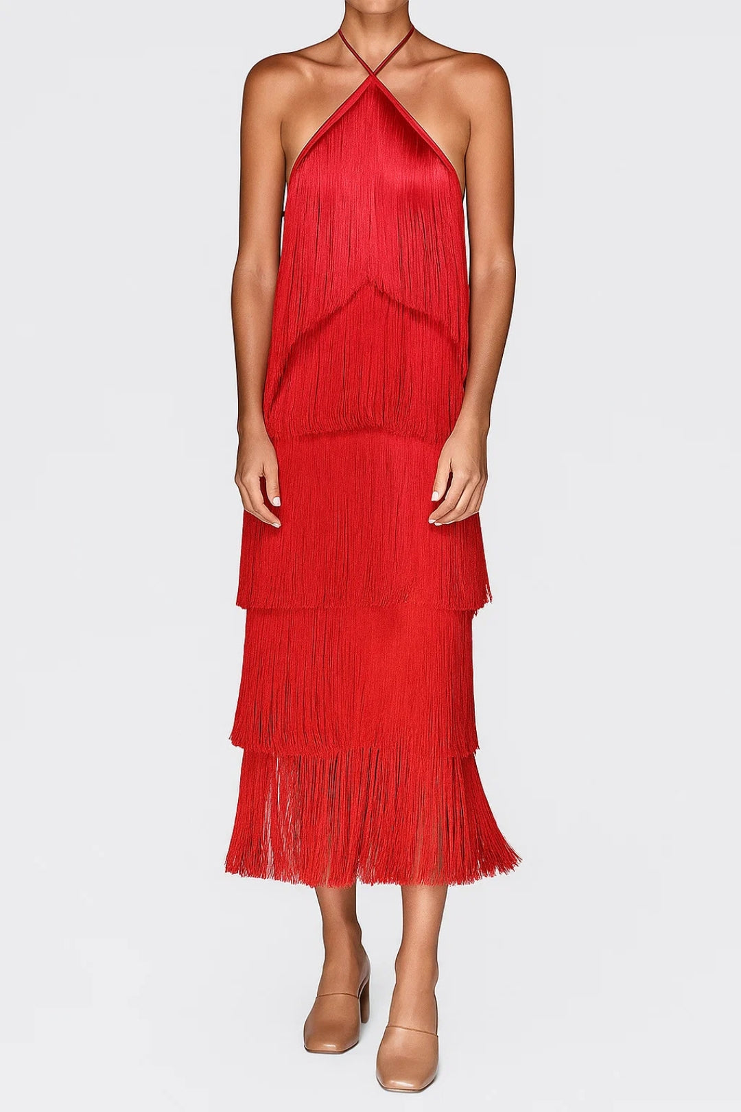 Isolina - Abito Midi Donna con Frange e Scollo All’Americana Rosso