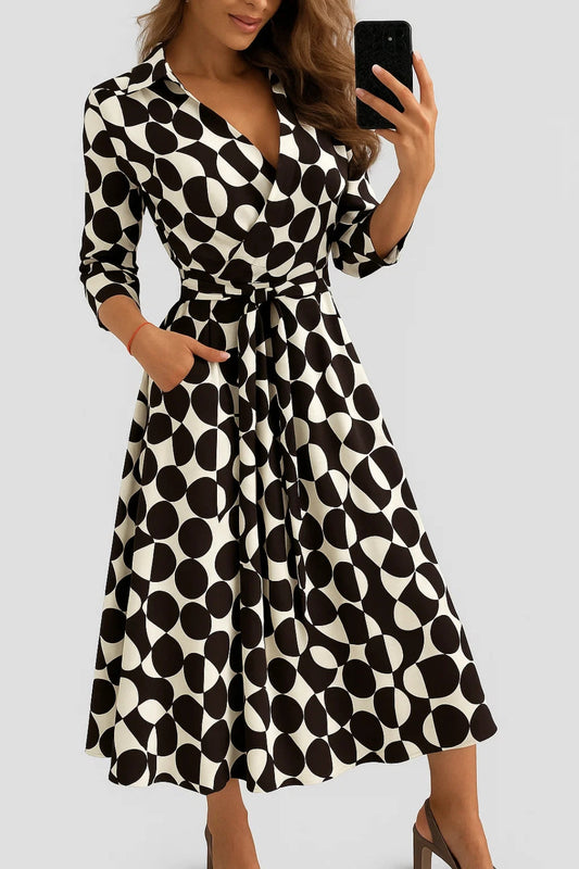 Ivette - Abito Portafoglio Midi Donna Elegante Chic Nero e panna