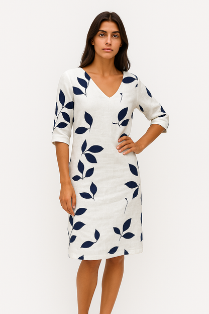 Jacqueline – Abito Estivo Elegante con Stampa a Foglie Bianco