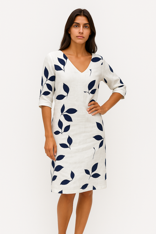 Jacqueline – Abito Estivo Elegante con Stampa a Foglie Bianco