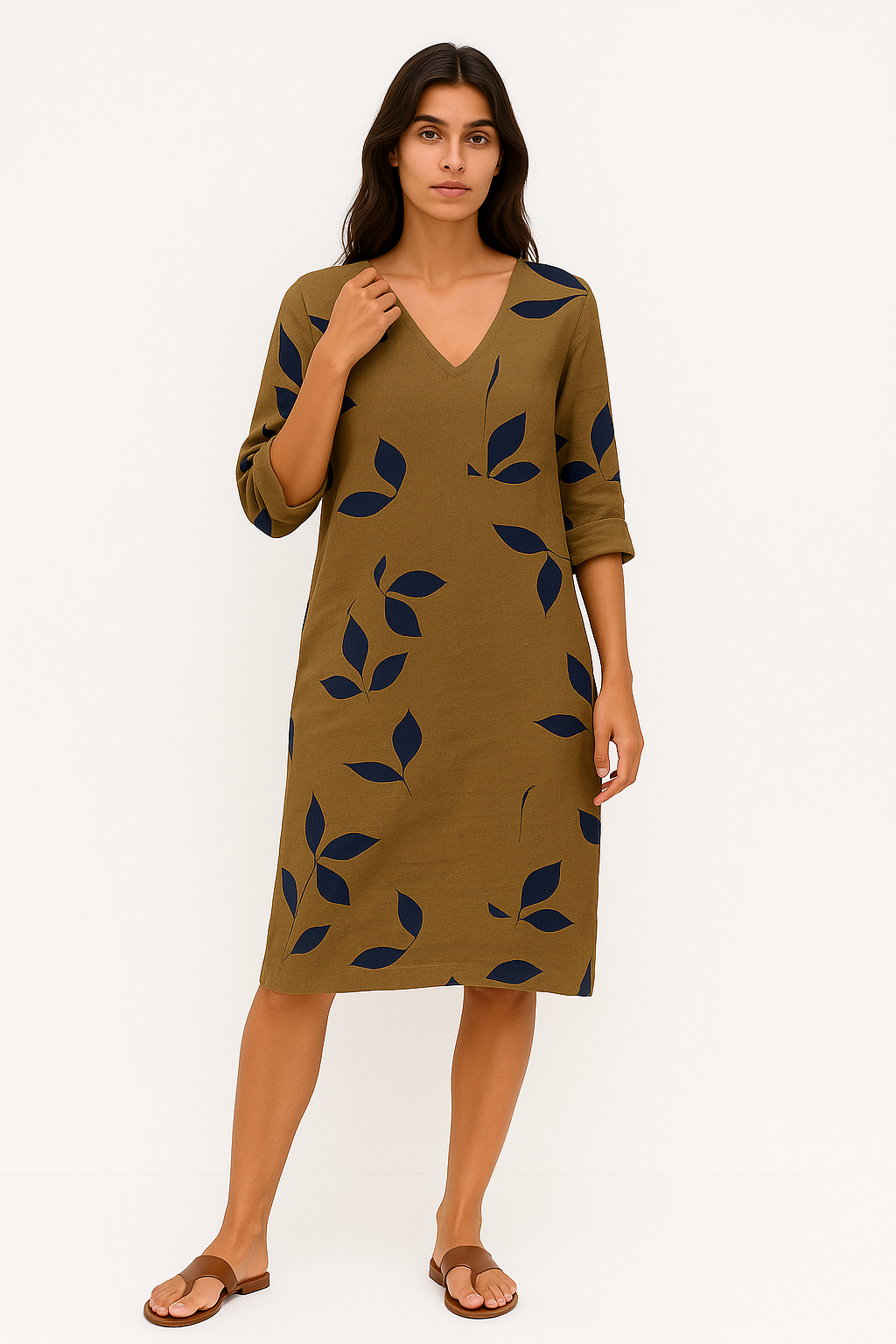 Jacqueline – Abito Estivo Elegante con Stampa a Foglie Marrone