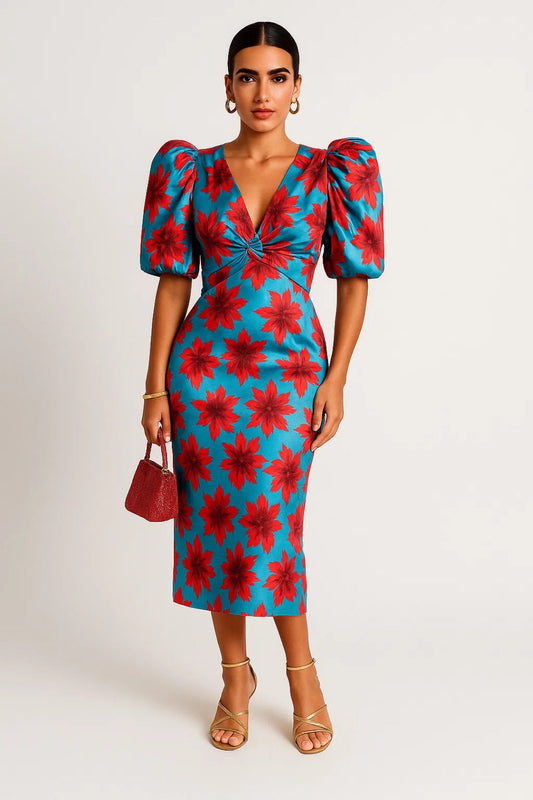 Janine – Abito Midi Donna con Fantasia Vivace Azzurro con fiori rossi