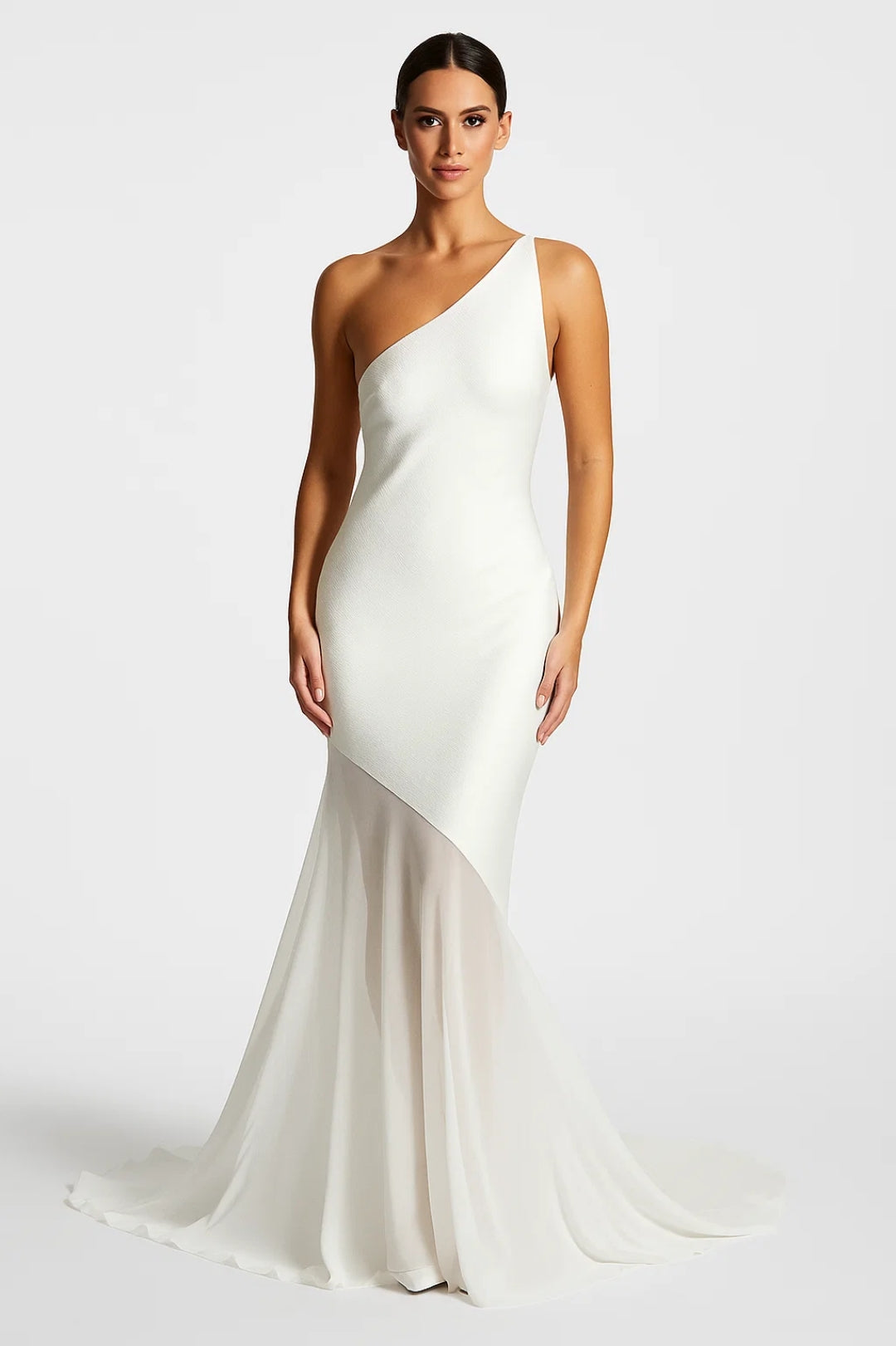 Janna – Abito Lungo Monospalla Asimmetrico in Chiffon Bianco
