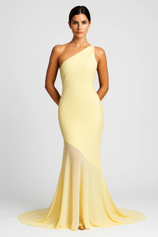 Janna – Abito Lungo Monospalla Asimmetrico in Chiffon Giallo