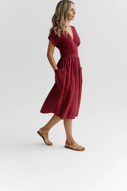 Jasmine – Abito Portafoglio in Lino Naturale Elegante Borgogna