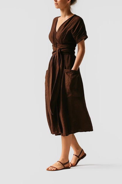 Jasmine – Abito Portafoglio in Lino Naturale Elegante Marrone