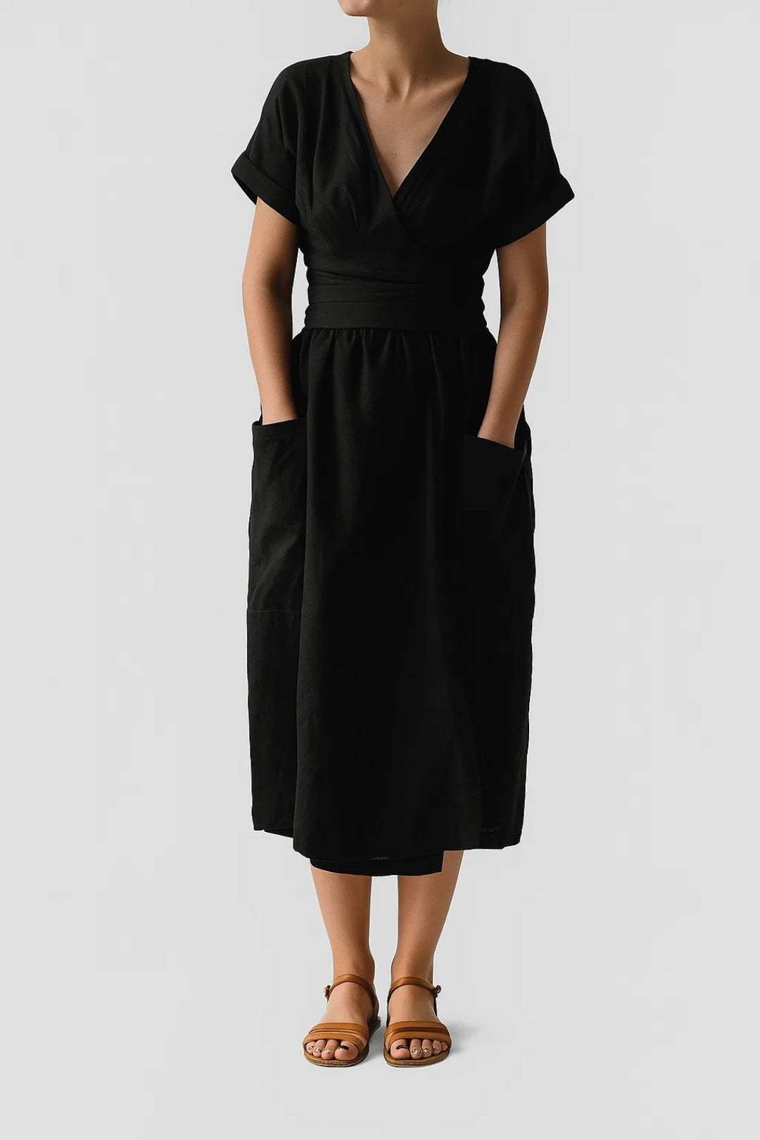 Jasmine – Abito Portafoglio in Lino Naturale Elegante Nero