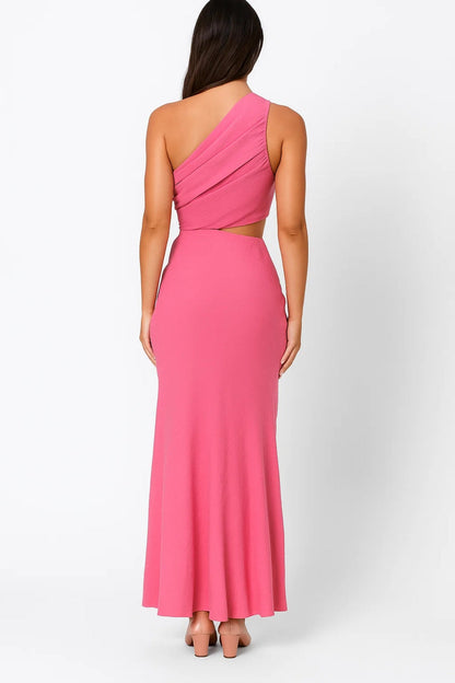 Jeanette – Abito Lungo Monospalla con Fiore 3D Rosa