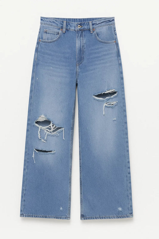 Dina – Pantaloni A Gamba Larga Con Strappi E Vita Alta