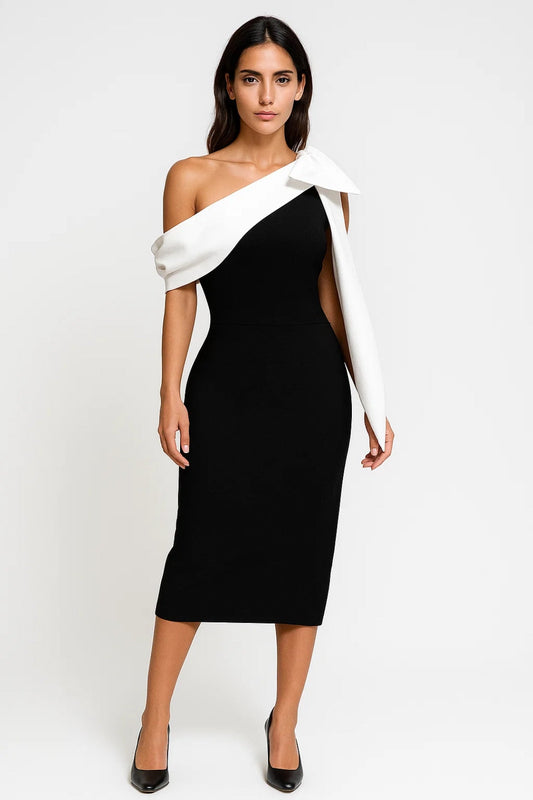 Jeba – Abito Midi Monospalla Bianco con Drappeggio Elegante Nero
