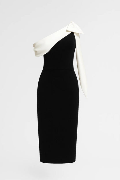 Jeba – Abito Midi Monospalla Bianco con Drappeggio Elegante Nero