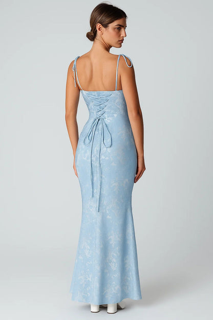 Jenna – Abito Lungo Jacquard Floreale con Spalline Azzurro