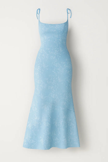 Jenna – Abito Lungo Jacquard Floreale con Spalline Azzurro