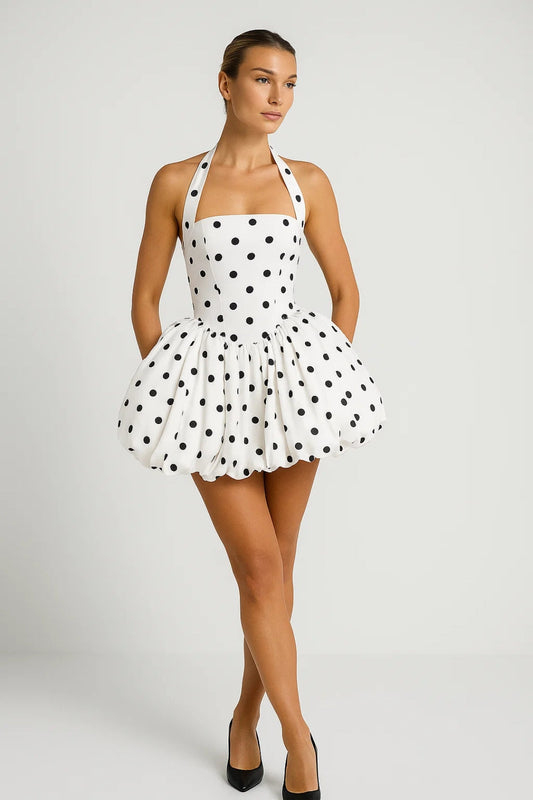 Jessika – Minigonna Palloncino con Scollo All’Americana Bianco a pois neri