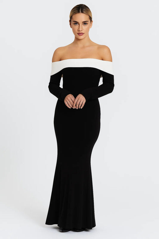 Joan – Abito Lungo Elegante Bicolore con Scollo a Barca Nero
