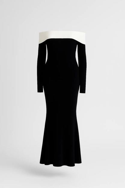 Joan – Abito Lungo Elegante Bicolore con Scollo a Barca Nero