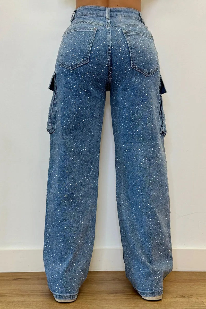 Joanna – Jeans Cargo Donna con Strass Glamour Blu