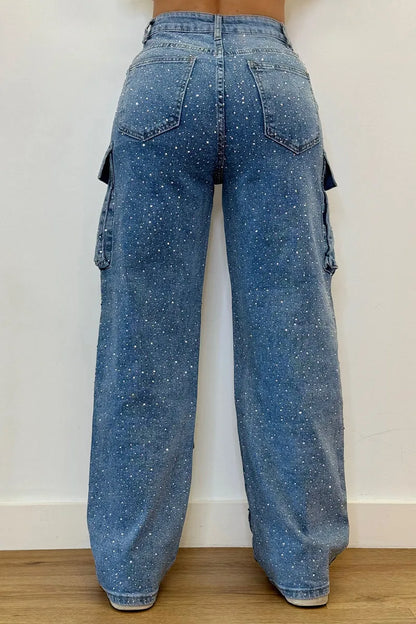 Joanna – Jeans Cargo Donna con Strass Glamour Blu