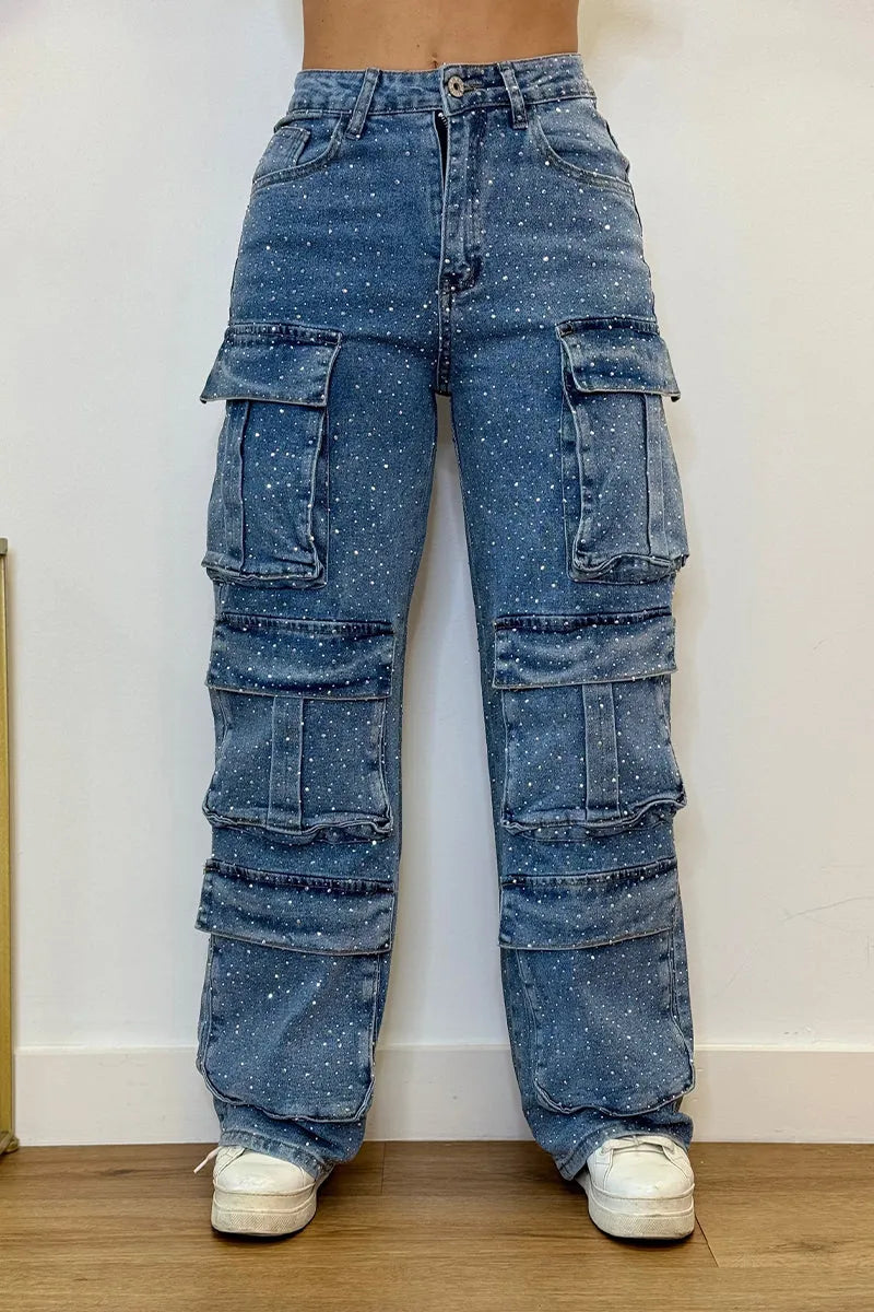 Joanna – Jeans Cargo Donna con Strass Glamour Grigio