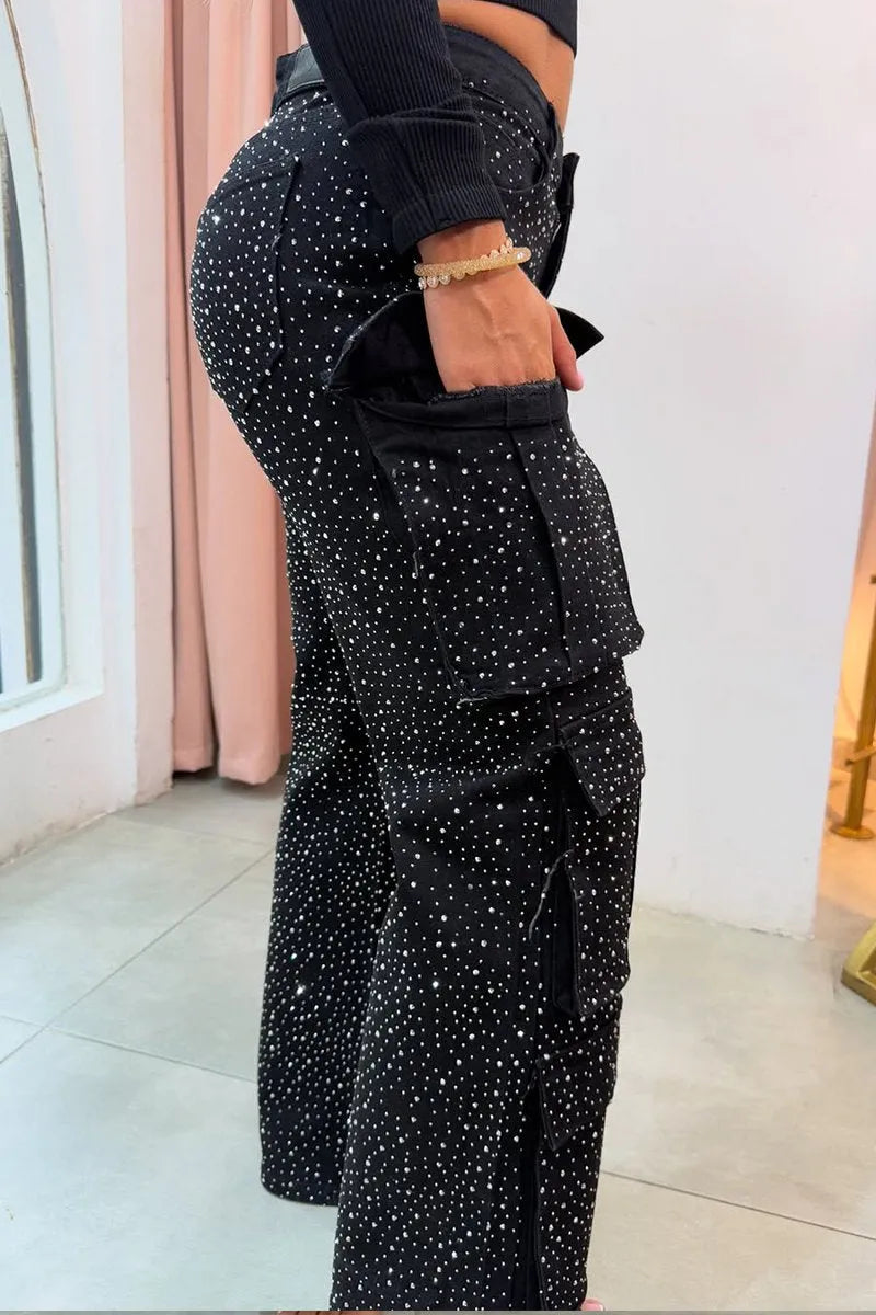 Joanna – Jeans Cargo Donna con Strass Glamour Nero