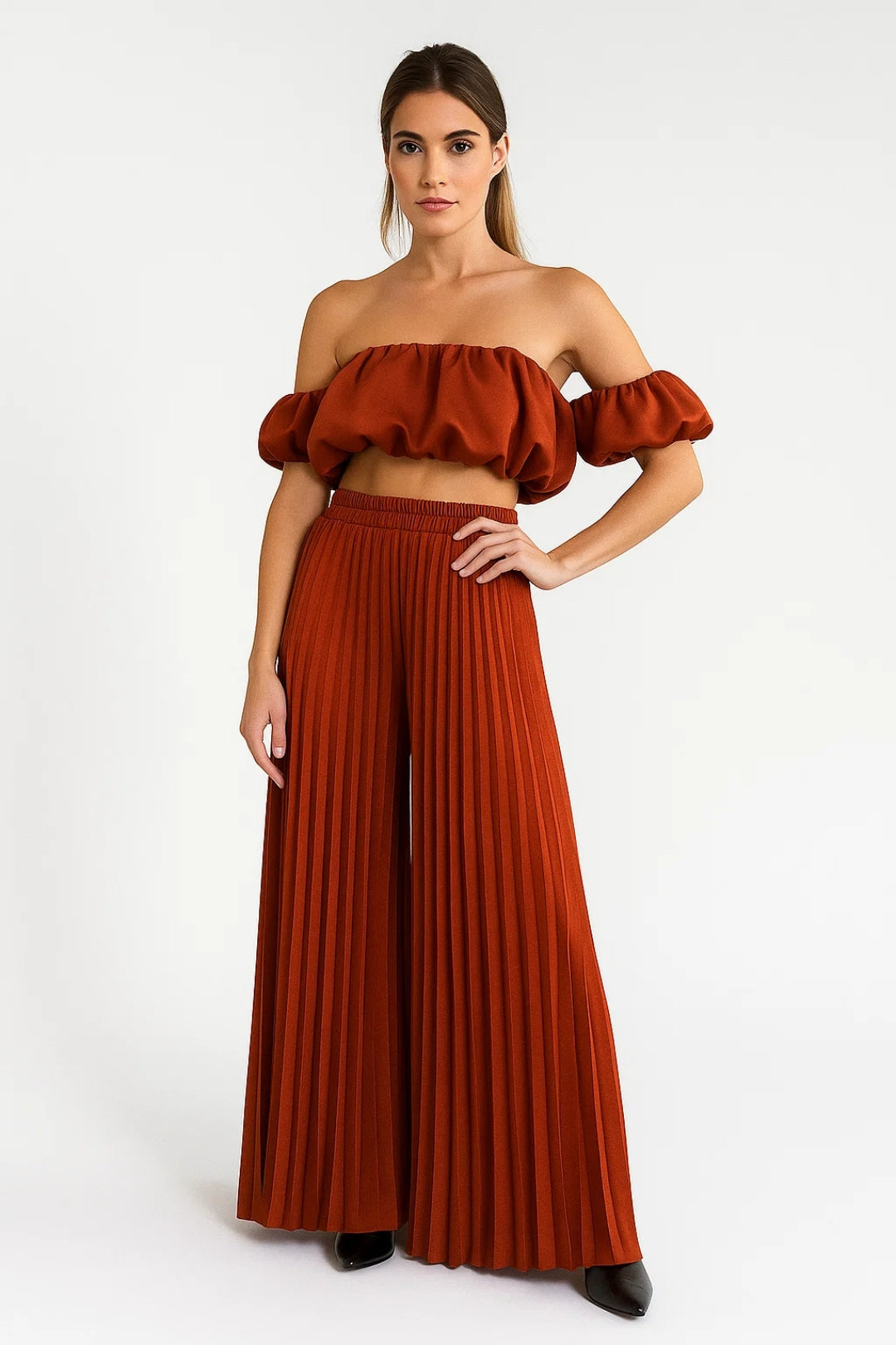 Jolanda – Completo Estivo Donna Spalle Scoperte Plissé Terracotta